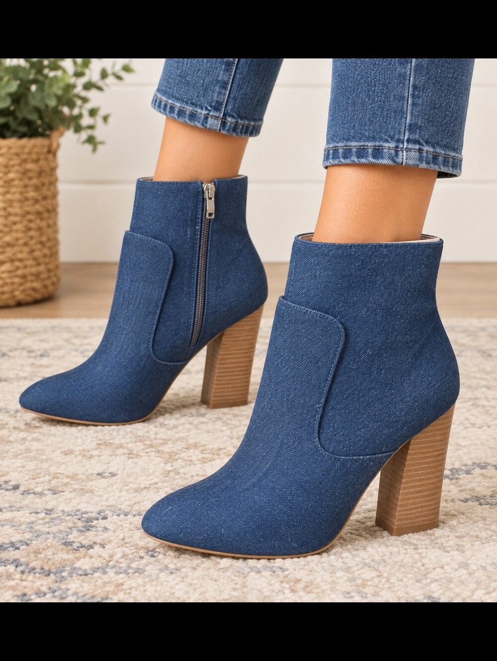 ZARA Blue Denim Jean Ankle Booties Block Wood Heel Sz EUR 40/ USA ( 9)